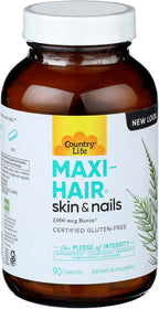 Country Life Maxi-Hair Suplemento con Biotina 2000 µg y Vitaminas para Cabello, Piel y Uñas - 90 Comprimidos