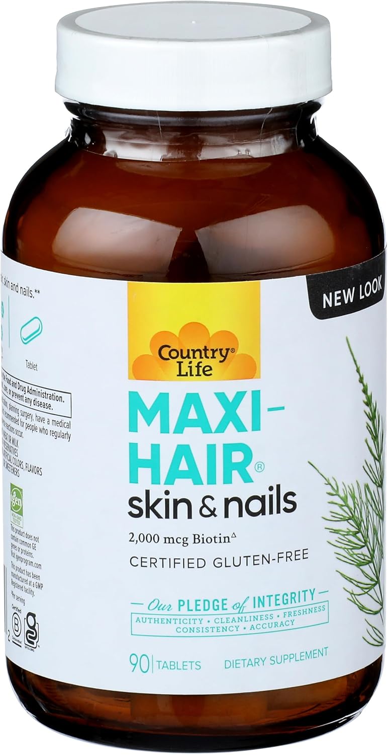 Country Life Maxi-Hair Suplemento con Biotina 2000 µg y Vitaminas para Cabello, Piel y Uñas - 90 Comprimidos