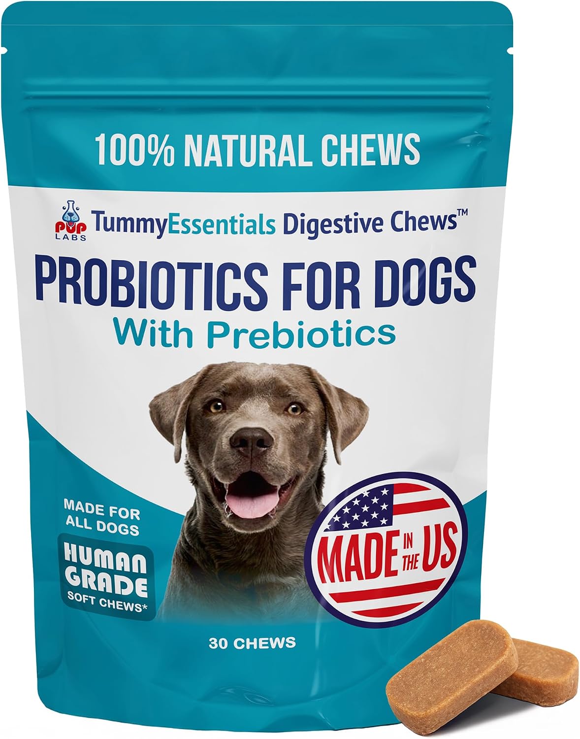 Pup Labs Tummy Essentials Probiotic Chews for Dogs, Supports Gut Health and Firm Stools, 30 Chews