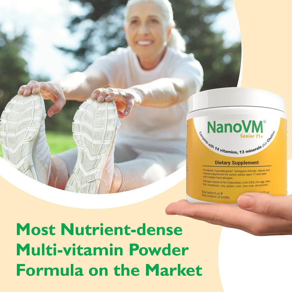 NanoVM Senior 71+ Multivitamin Powder - 14 Vitaminas y 13 Minerales, Sin Alérgenos, Bajo en Carbohidratos, 275g