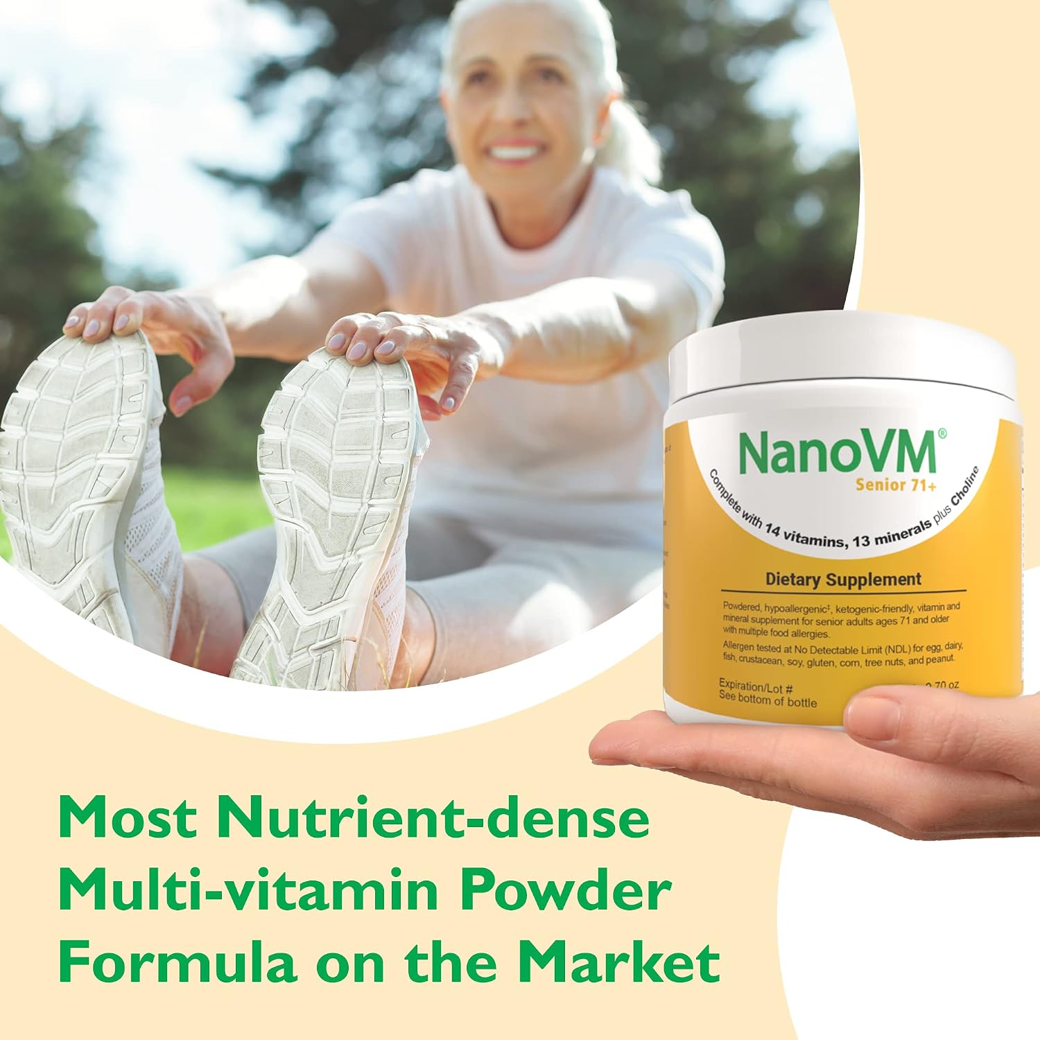 NanoVM Senior 71+ Multivitamin Powder - 14 Vitaminas y 13 Minerales, Sin Alérgenos, Bajo en Carbohidratos, 275g
