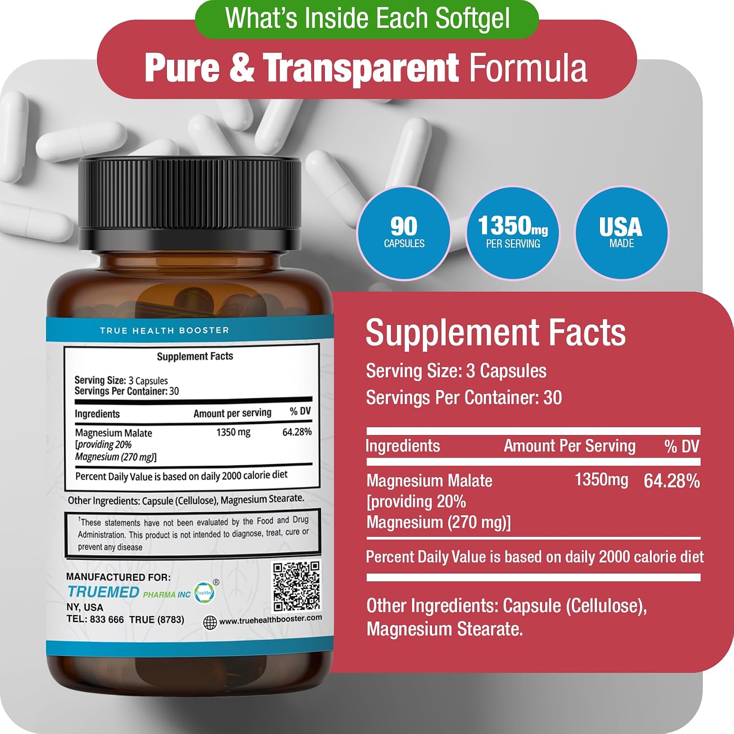 TRUEMED Malato de Magnesio 1350mg – 90 Cápsulas