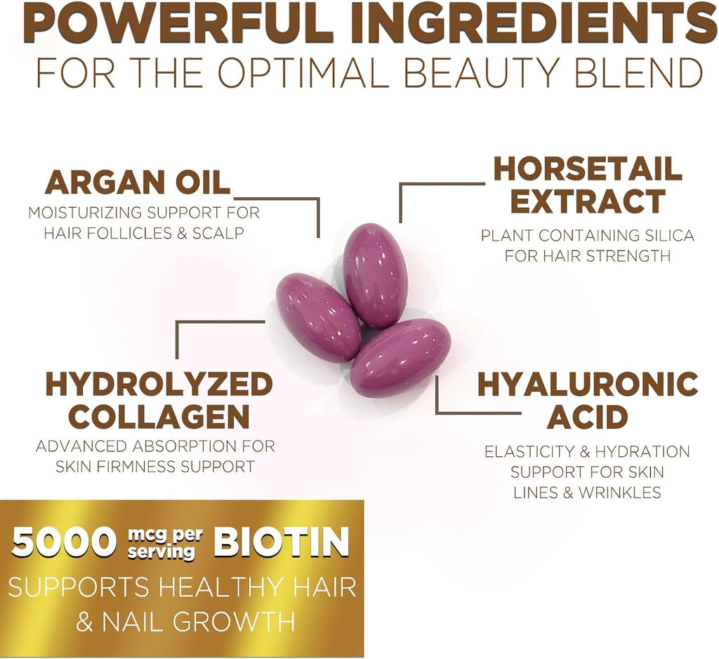 Biotina 5000mcg por dosis - Complejo con Colágeno, Aceite de Argán y Ácido Hialurónico - Suplemento de Belleza para Mujeres y Hombres - 60 Cápsulas Blandas