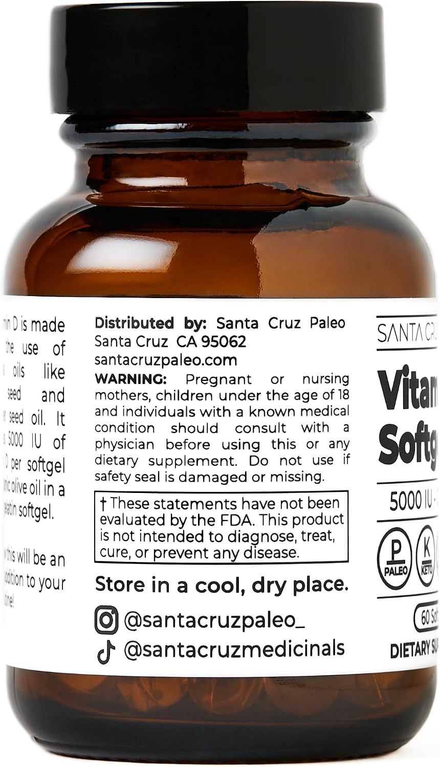 Santa Cruz Paleo Vitamina D3 5000 UI - 60 Cápsulas Blandas con Aceite de Oliva