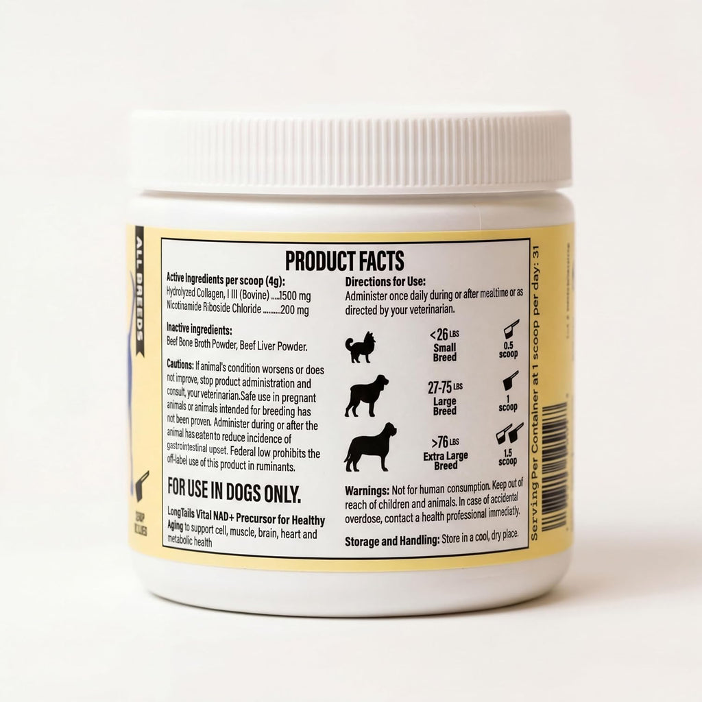 LongTails NAD+ para perros mayores - Alternativa NMN, 200mg NR en polvo