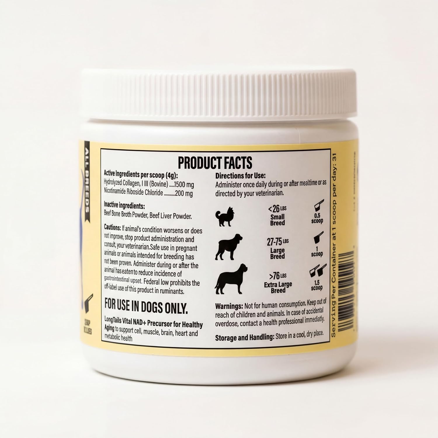 LongTails NAD+ para perros mayores - Alternativa NMN, 200mg NR en polvo