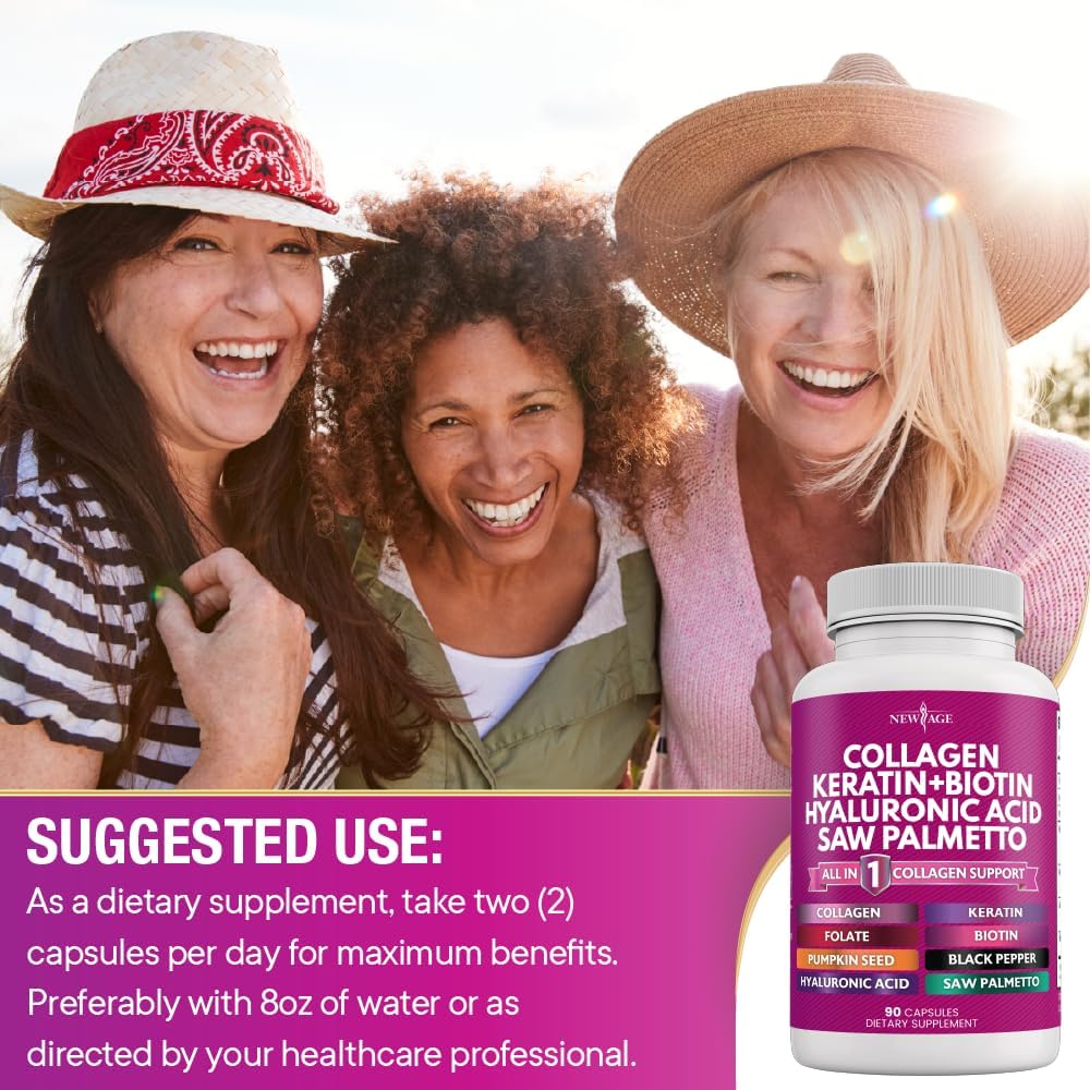 NEW AGE Colágeno con Biotina, Keratina, Saw Palmetto, Ácido Hialurónico, Vitamina E, Ácido Fólico, Semilla de Calabaza, MSM - 90 Cápsulas (Pack de 2)