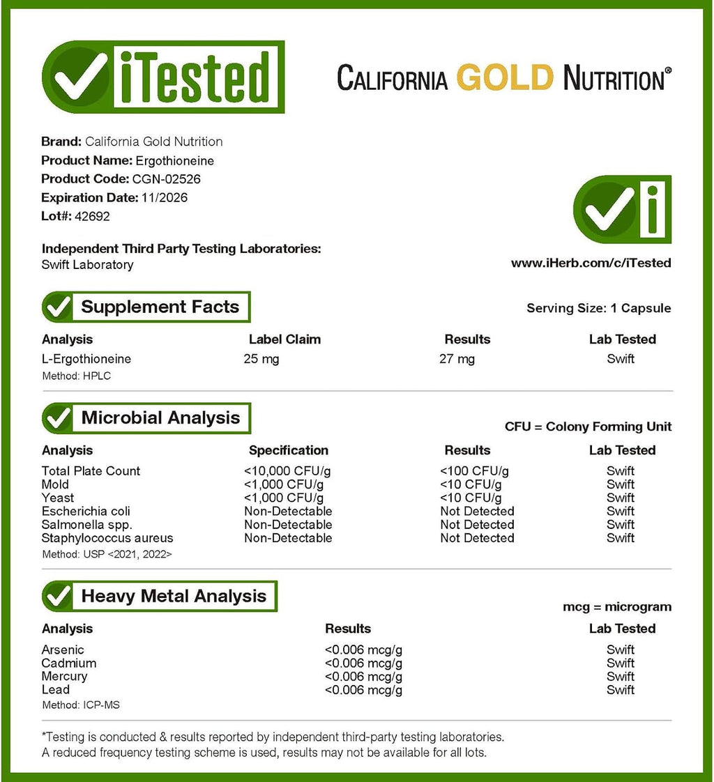 California Gold Nutrition Ergothioneine, 25 mg, 90 Cápsulas Vegetales