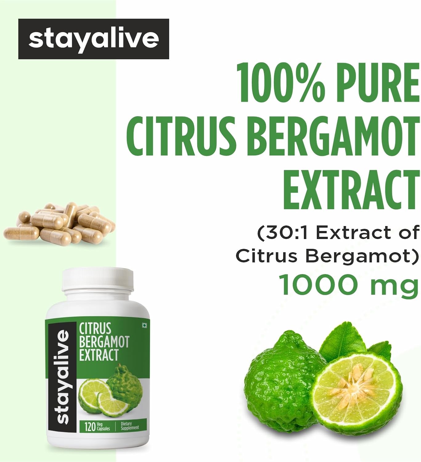 Cápsulas de Citrus Bergamot 1000mg - 30:1 Super Extracto con 50% Flavanones Polifenólicos - 120 Cápsulas para Mujeres y Hombres | No OGM, Sin Gluten