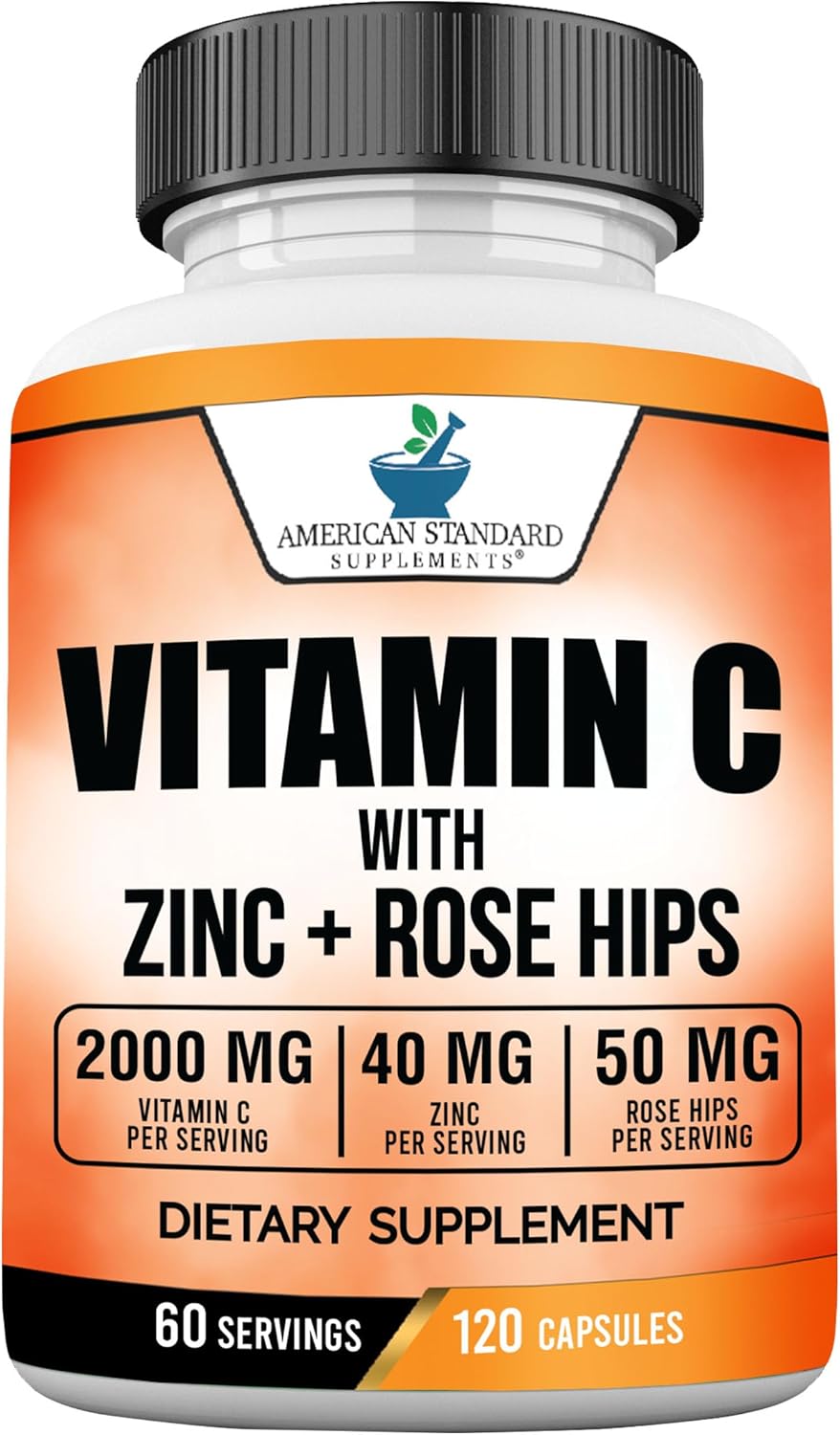 American Standard Supplements Vitamina C 2000mg, Zinc 40mg y Escaramujo 50mg por dosis, Vegano, Sin Gluten, No-GMO (120 cápsulas)