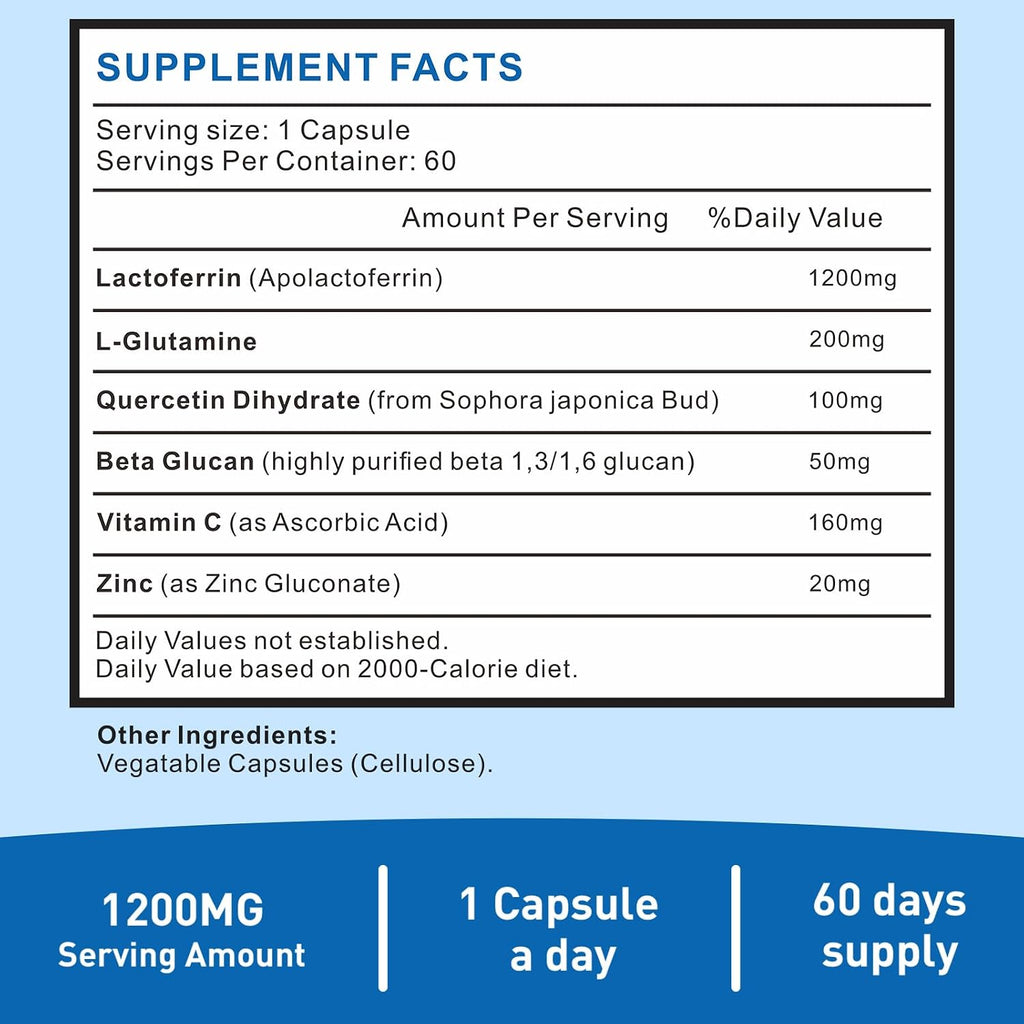 Uarcool Lactoferrina 1200mg con L-Glutamina, Quercetina, Beta Glucano, Zinc y Vitamina C – Suplemento Inmunitario, Sin Gluten, Vegetariano (60 Cápsulas)