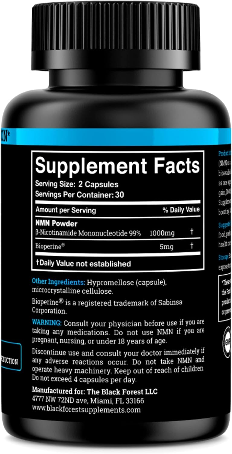 Black Forest NMN 1000 mg - Nicotinamida Mononucleótido con BioPerine® (60 Cápsulas)