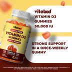 Vitabod Gominolas de Vitamina D3 sin Azúcar, 50.000 UI Semanales – 120 unidades – Apoyo para Huesos, Dientes y Sistema Inmunitario – Sin OGM, Fácil de Masticar
