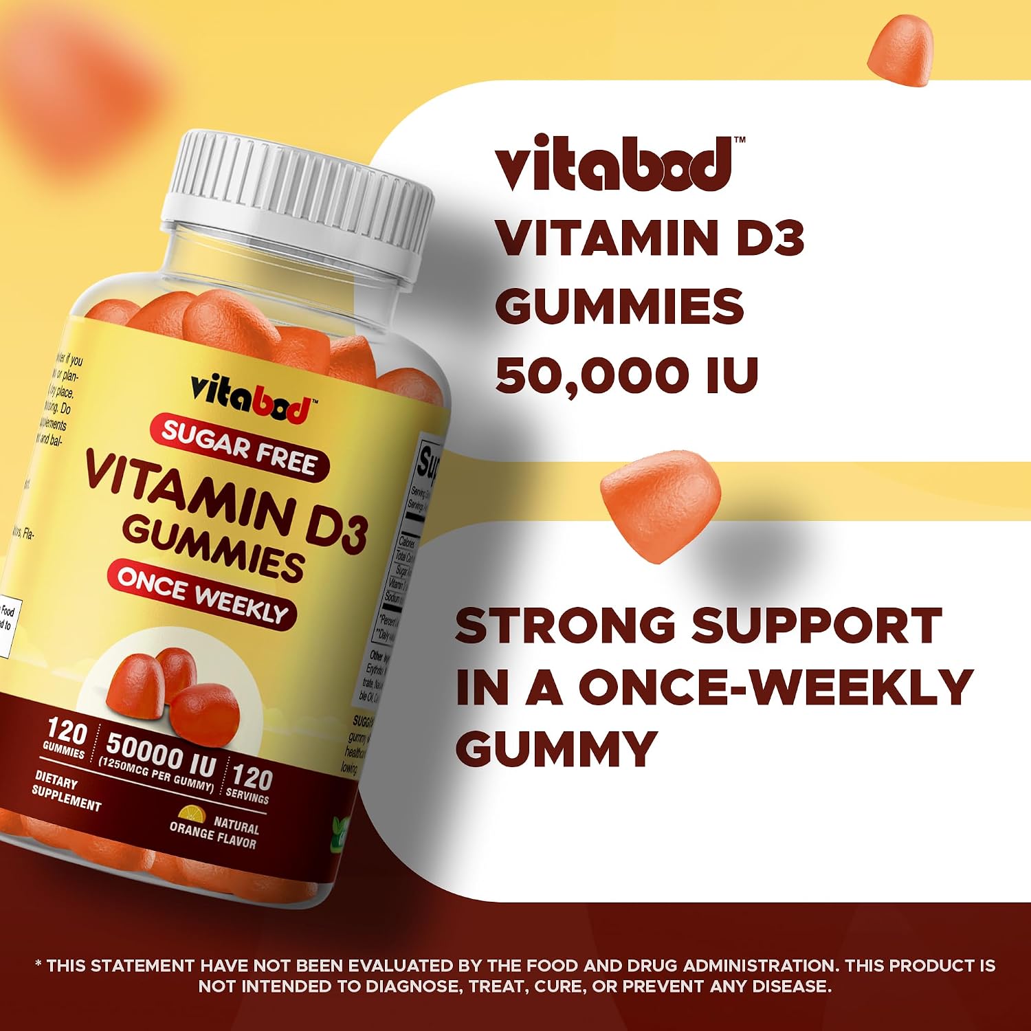 Vitabod Gominolas de Vitamina D3 sin Azúcar, 50.000 UI Semanales – 120 unidades – Apoyo para Huesos, Dientes y Sistema Inmunitario – Sin OGM, Fácil de Masticar