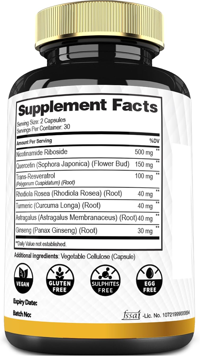 Mecisco NAD+ Suplemento con Nicotinamida Ribósido, Quercetina, Resveratrol, Cúrcuma, Rhodiola Rosea y Astrágalo - 60 Cápsulas