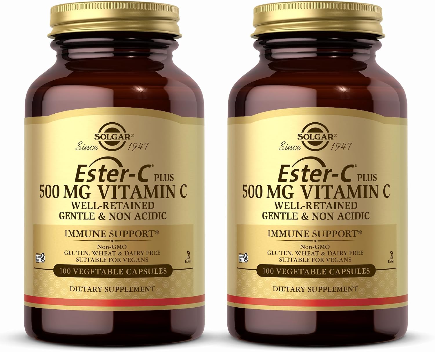Solgar Ester-C Plus 500 mg Vitamina C (Complejo de Ascorbato) - 100 Cápsulas Vegetales, Paquete de 2 - Antioxidante y Apoyo Inmunológico - No Transgénico, Vegano, Sin Gluten, Kosher - 200 Porciones