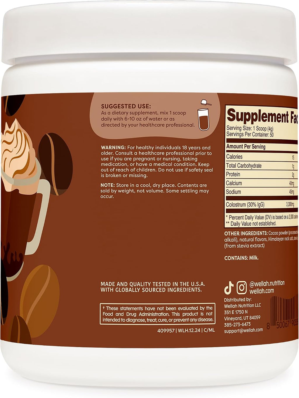 Wellah Colostrum Sabor Mocha Latte (50 raciones) - Endulzado con Stevia, 3g de Calostro por Ración, Complemento Alimenticio