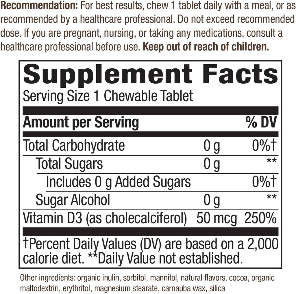 Nature's Way Vitamina D3 Extra Strength, Sin Azúcar, Sabor Chocolate, 90 Comprimidos Masticables