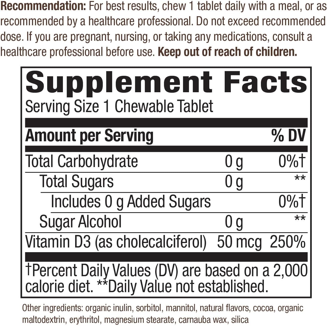 Nature's Way Vitamina D3 Extra Strength, Sin Azúcar, Sabor Chocolate, 90 Comprimidos Masticables