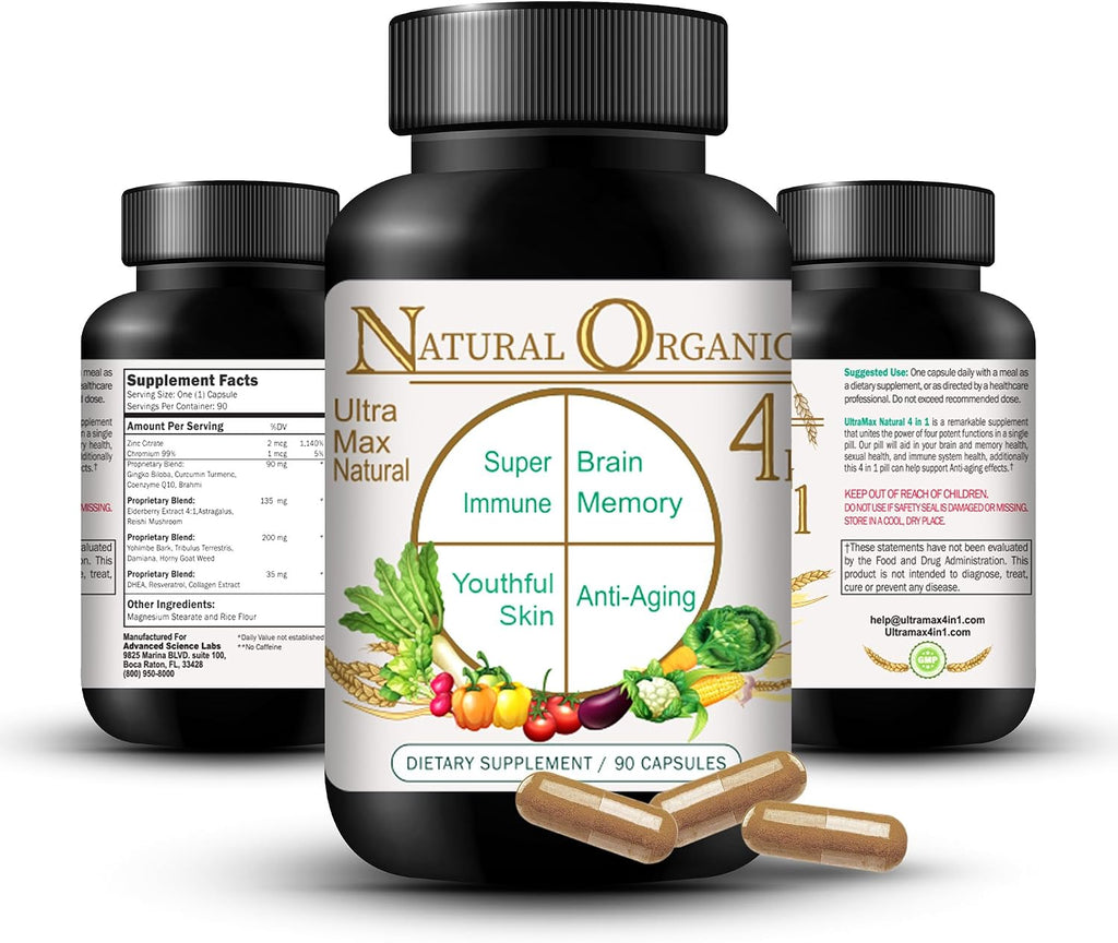 Ultra Max Natural Organic 4 en 1 Suplemento Cerebral para Memoria y Concentración, Apoyo Inmunológico y Antienvejecimiento