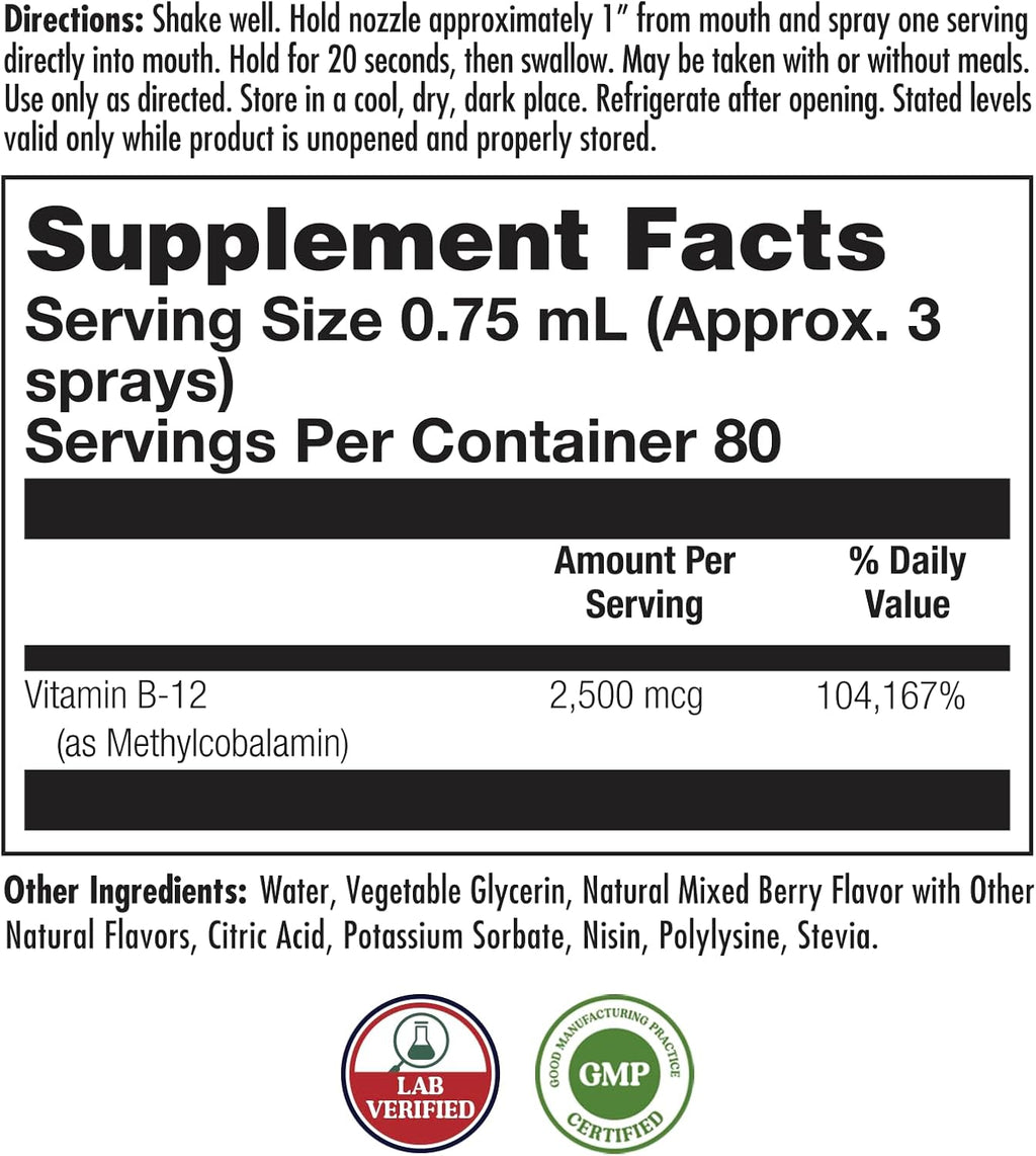 KAL Vitamina B12 Metilcobalamina ActivSpray 2500 mcg, Spray de Vitamina B12, Sabor Natural a Bayas, 80 Servicios, 60 ml
