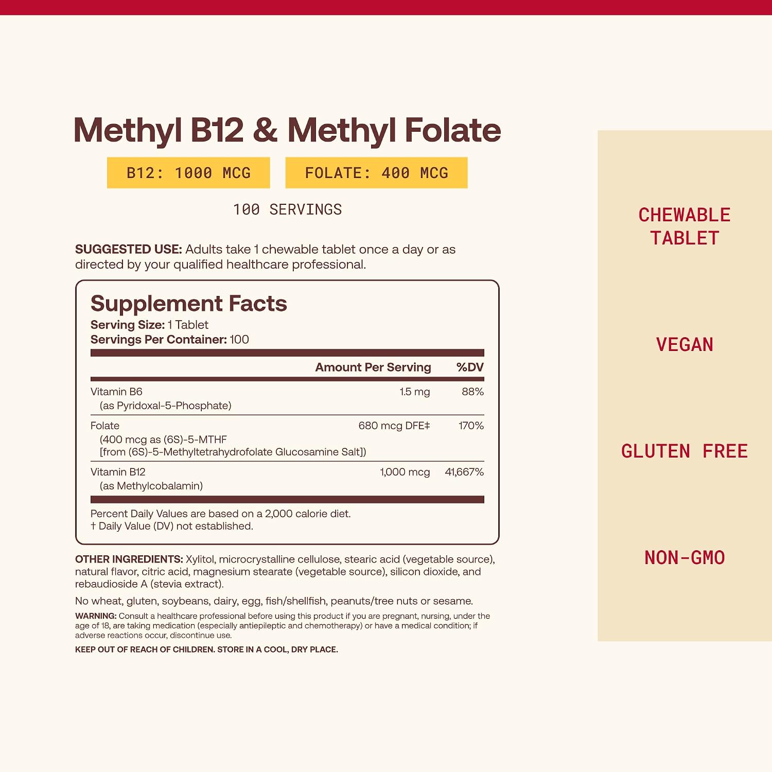 Jarrow Formulas Metil B-12 y Metil Folato - 100 Pastillas Masticables