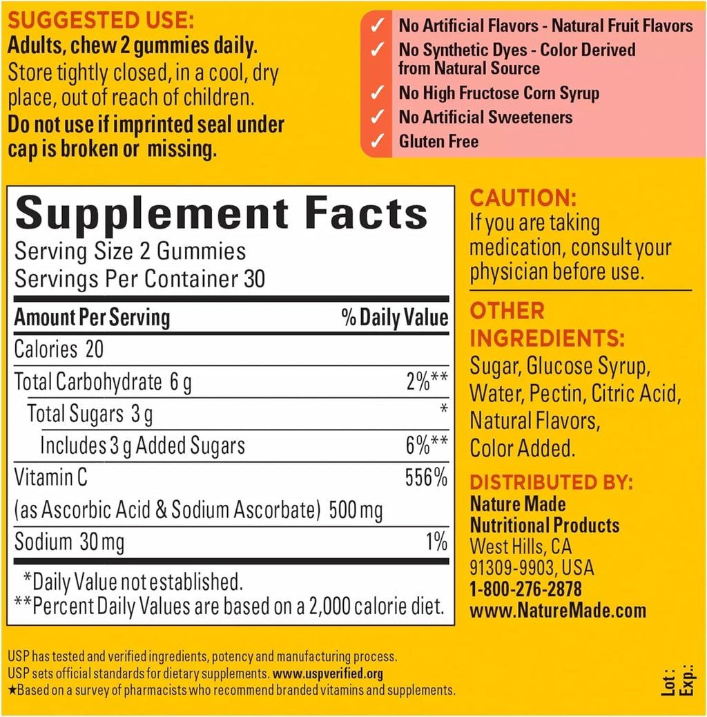 Nature Made Vitamina C Dosis Extra 500 mg - Gominolas - 60 unidades (Paquete de 2)