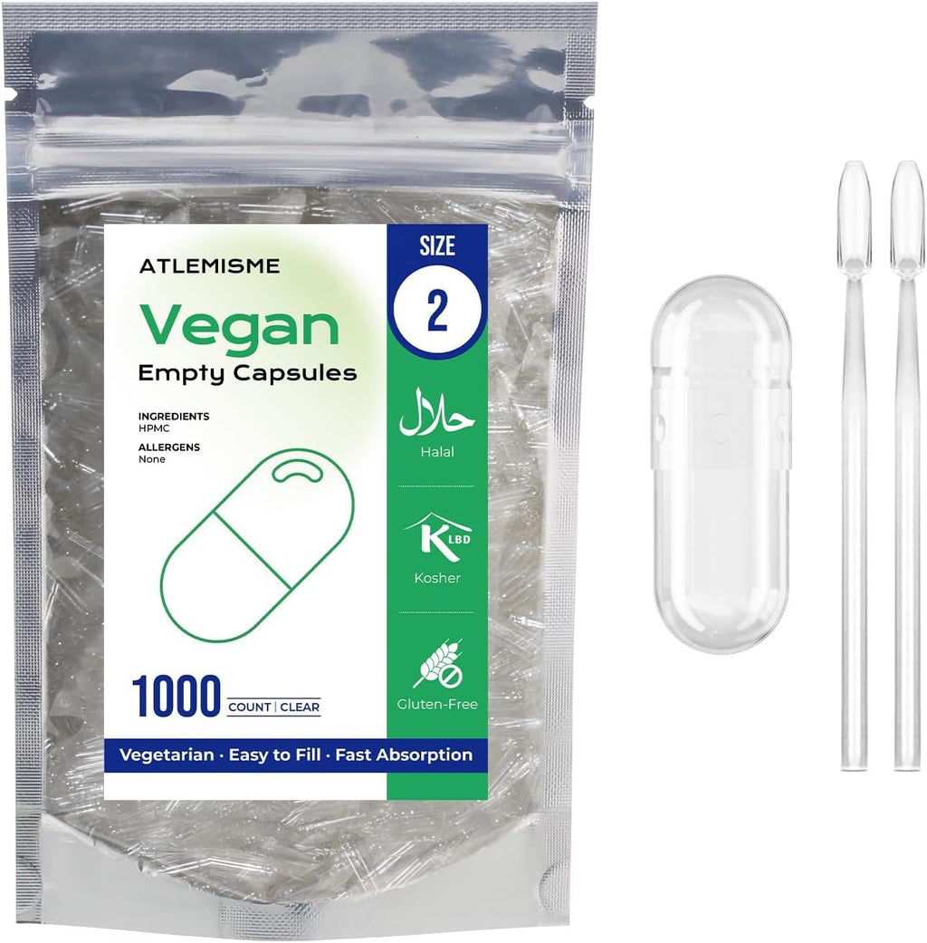 ATLEMISME Cápsulas Vegetales Vacías Tamaño 2 - 1000 Unidades para Rellenar con 2 Microcucharas