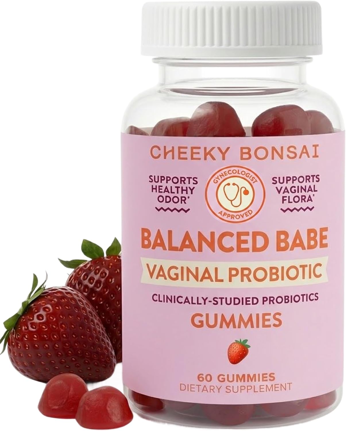 Cheeky Bonsai Balanced Babe - Gominolas probióticas vaginales, 5B UFC, Sabor fresa, 60 uds.