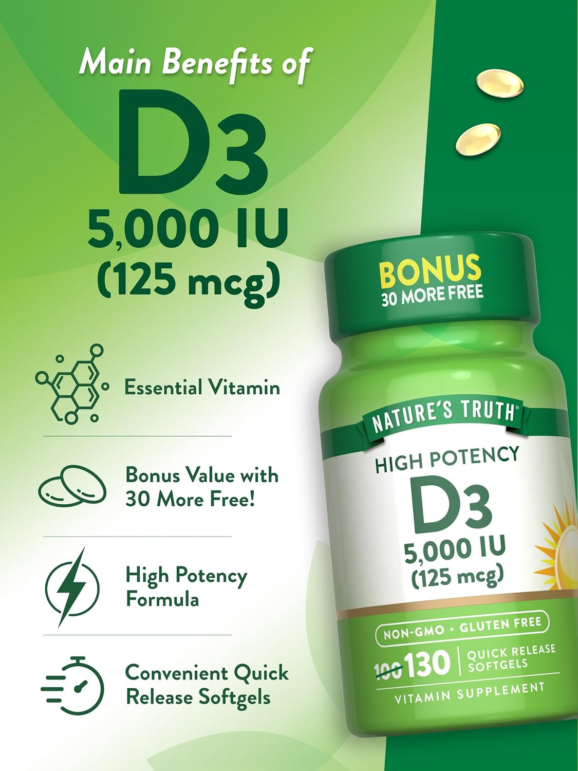 Nature's Truth Vitamina D3 5000 IU Cápsulas Blandas | 130 Unidades | Alta Potencia | Sin Gluten y Sin OGM