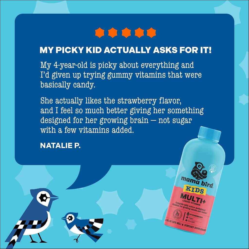 Mama Bird Kids Multi+ Líquido - Multivitamínico Infantil con Vitaminas Metiladas - Fresa - 473 ml