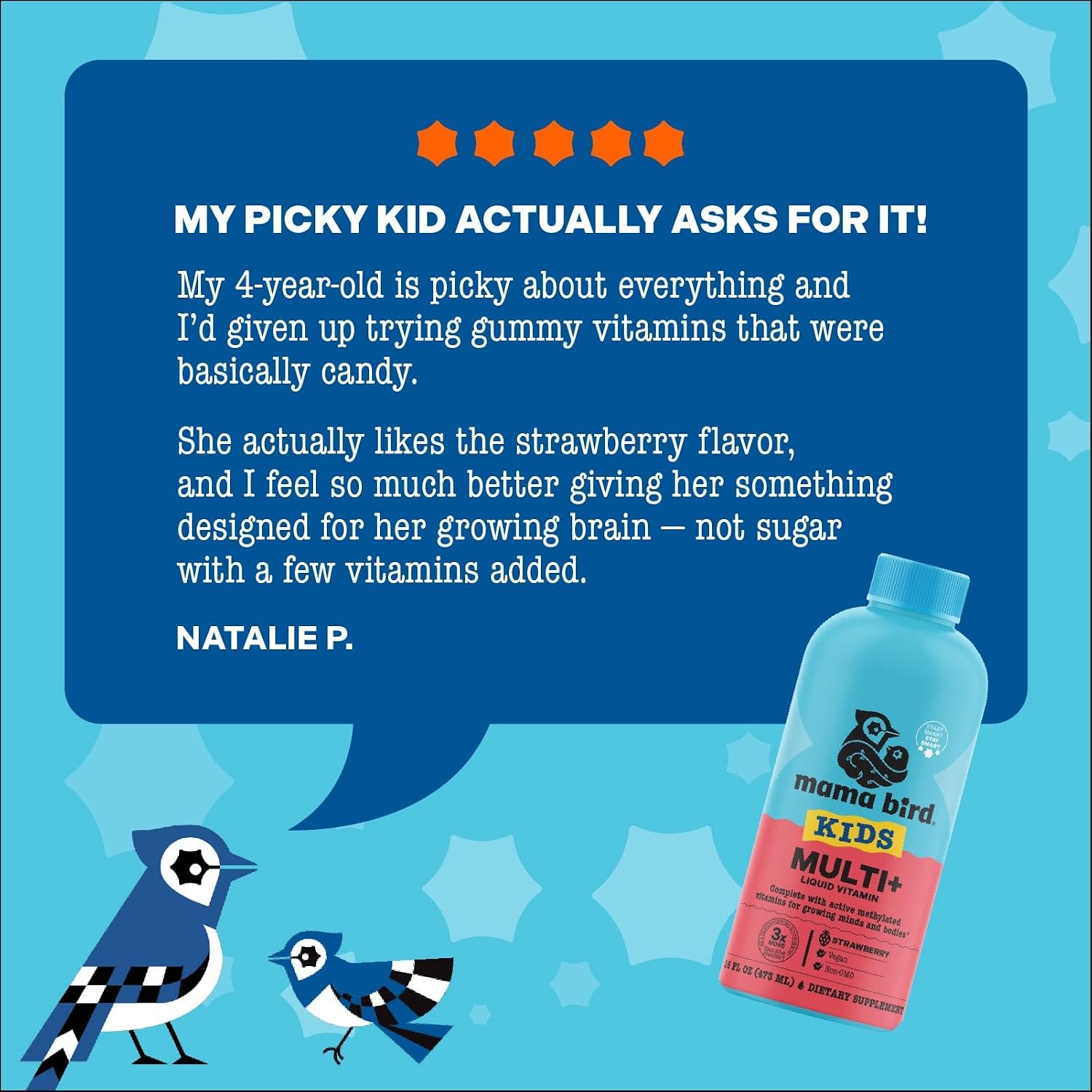 Mama Bird Kids Multi+ Líquido - Multivitamínico Infantil con Vitaminas Metiladas - Fresa - 473 ml