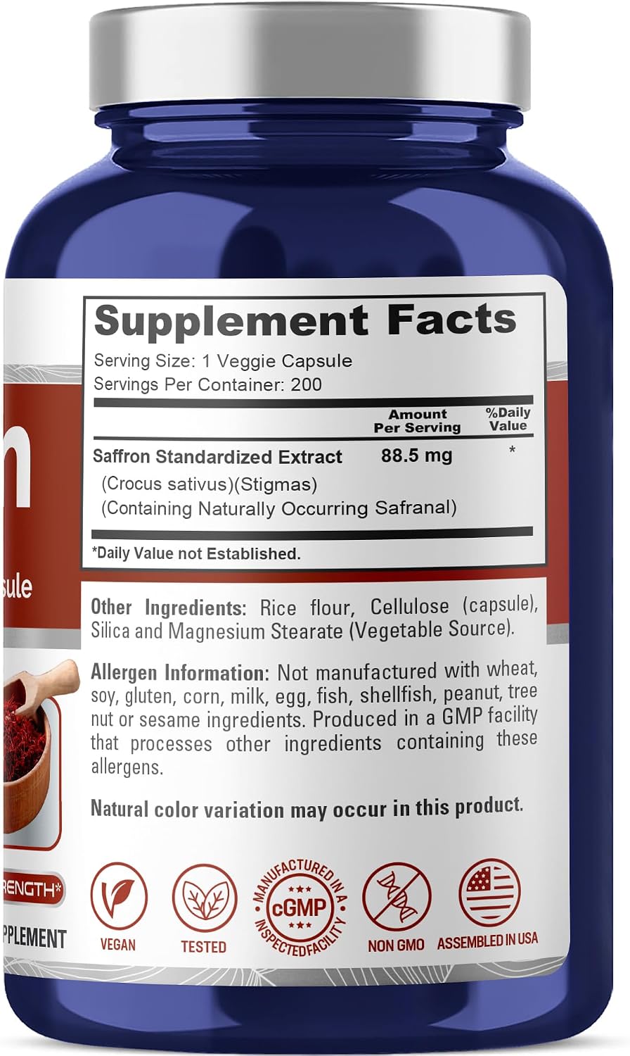NusaPure Extracto de Azafrán 88.5 mg 200 Cápsulas Vegetales (Vegano, Sin OGM)