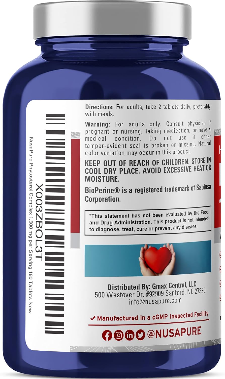 NusaPure Esteroles Vegetales 1500 mg - 180 Comprimidos (No Transgénico, Vegano) con Bioperina