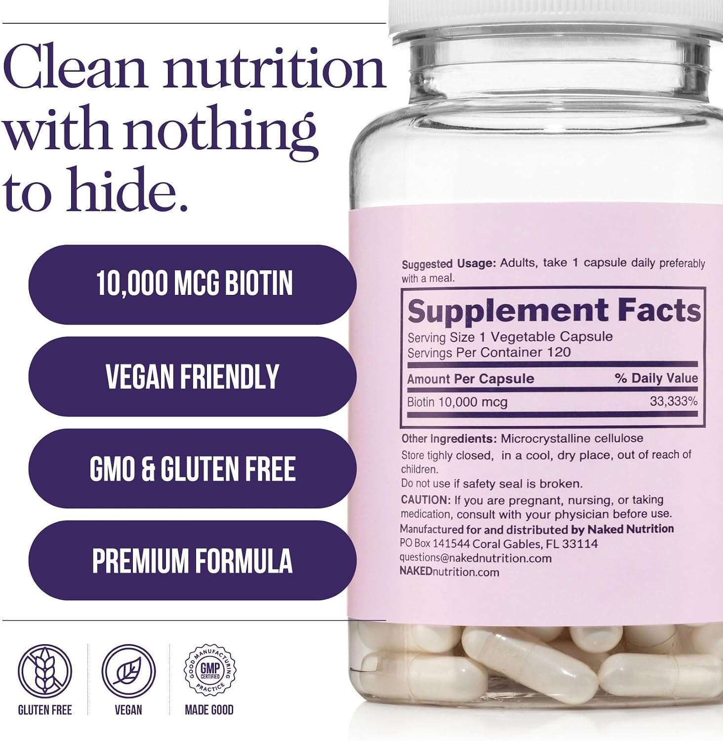 NAKED Biotina 10,000mcg – 120 Cápsulas – Suplemento de Vitamina B7
