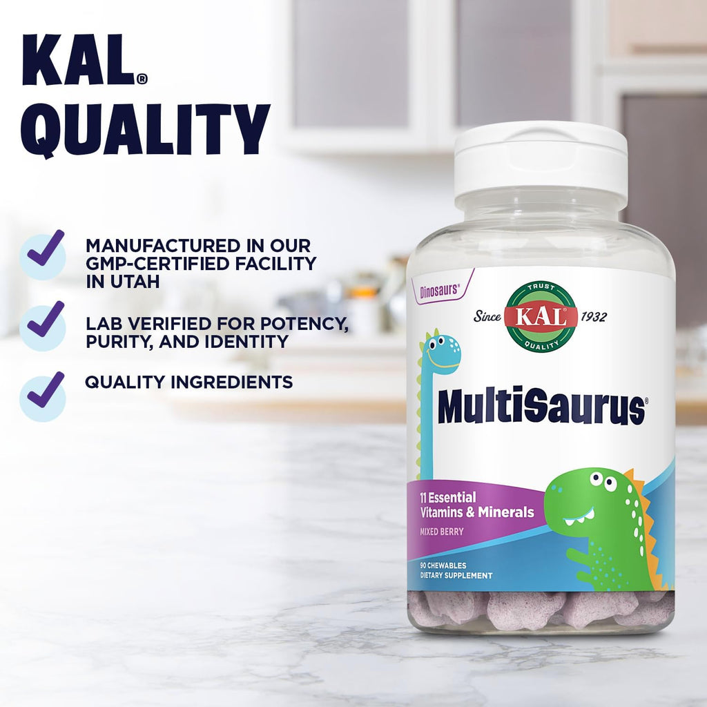 KAL MultiSaurus Multivitamínico Completo para Niños - Multivitamínico infantil con hierro, vitaminas A, C y calcio, sabor a bayas mixtas - 90 comprimidos masticables con forma de dinosaurio