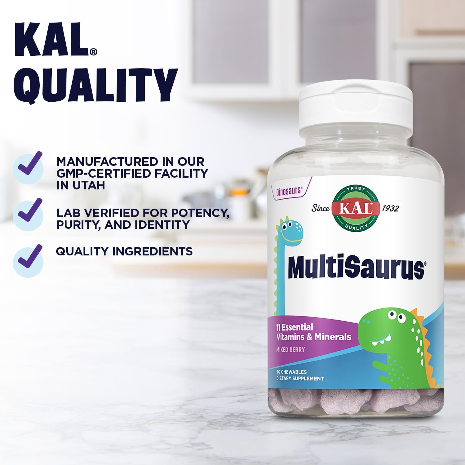KAL MultiSaurus Multivitamínico Completo para Niños - Multivitamínico infantil con hierro, vitaminas A, C y calcio, sabor a bayas mixtas - 90 comprimidos masticables con forma de dinosaurio