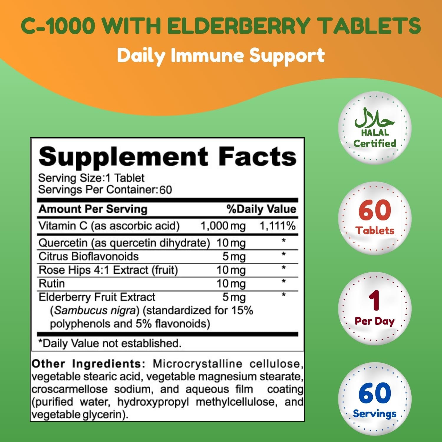SHIFAA NUTRITION Halal Vitamina C 1000 mg - 60 Días - Con Saúco, Quercetina, Escaramujo y Rutina - Vegetariano, Sin Gluten