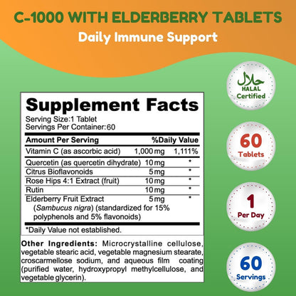 SHIFAA NUTRITION Halal Vitamina C 1000 mg - 60 Días - Con Saúco, Quercetina, Escaramujo y Rutina - Vegetariano, Sin Gluten – Image 2