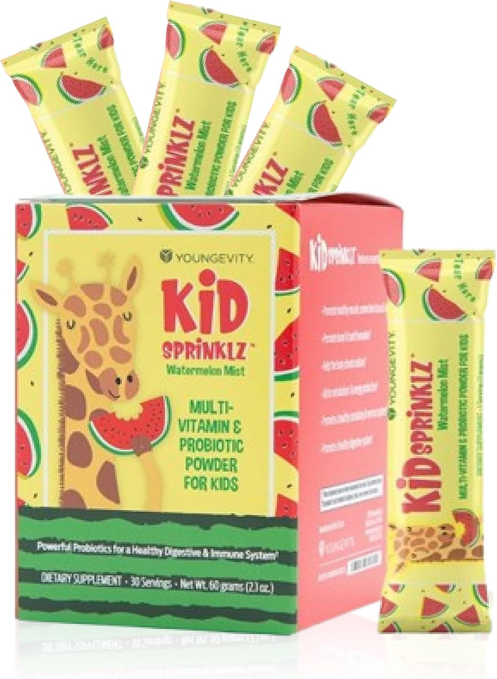 Youngevity Kidsprinklz Multivitamínico en Polvo Sabor Sandía - Multivitaminas y Probióticos para Niños - 30 Dosis