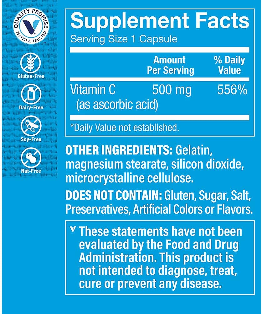 The Vitamin Shoppe Vitamina C 500 mg – Apoyo inmunológico, protección antioxidante y formación de colágeno (100 cápsulas)