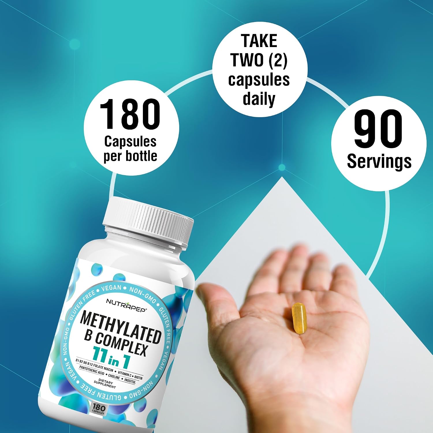 NutraPep Complejo B Metilado - Vitaminas B Completo con B9 5-MTHF B6 B12 - Apoyo Energía, Cerebro y Corazón - Vegano Sin Gluten Sin Azúcar - 180 Cápsulas