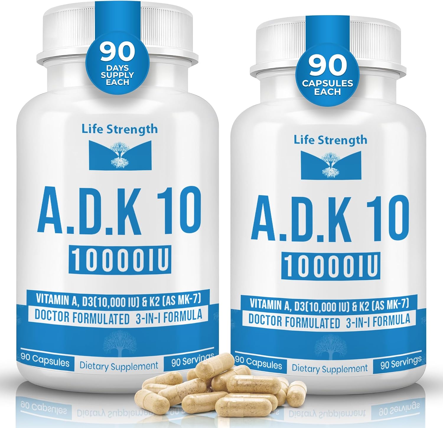 LifeStrength ADK 10 - 90 Cápsulas - Complejo de Vitaminas A, D3 10.000 UI y K2 (MK-7)