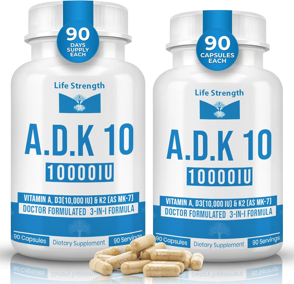 LifeStrength ADK 10 - Vitaminas A1, D3 y K2 (MK-7) - 90 Cápsulas