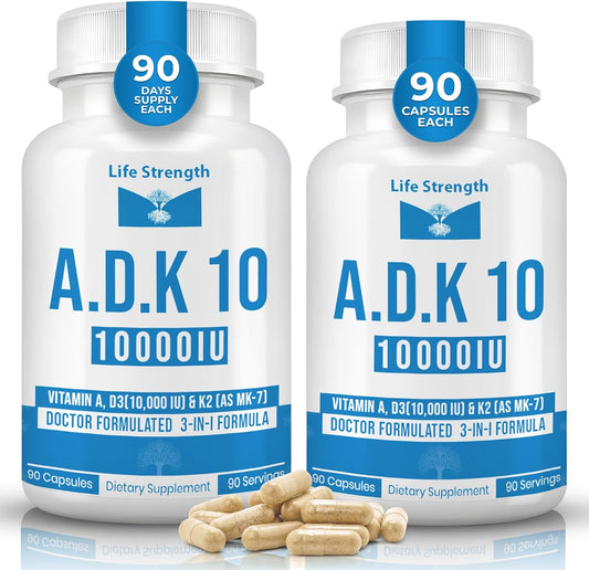LifeStrength ADK 10 - Vitaminas A1, D3 y K2 (MK-7) - 90 Cápsulas