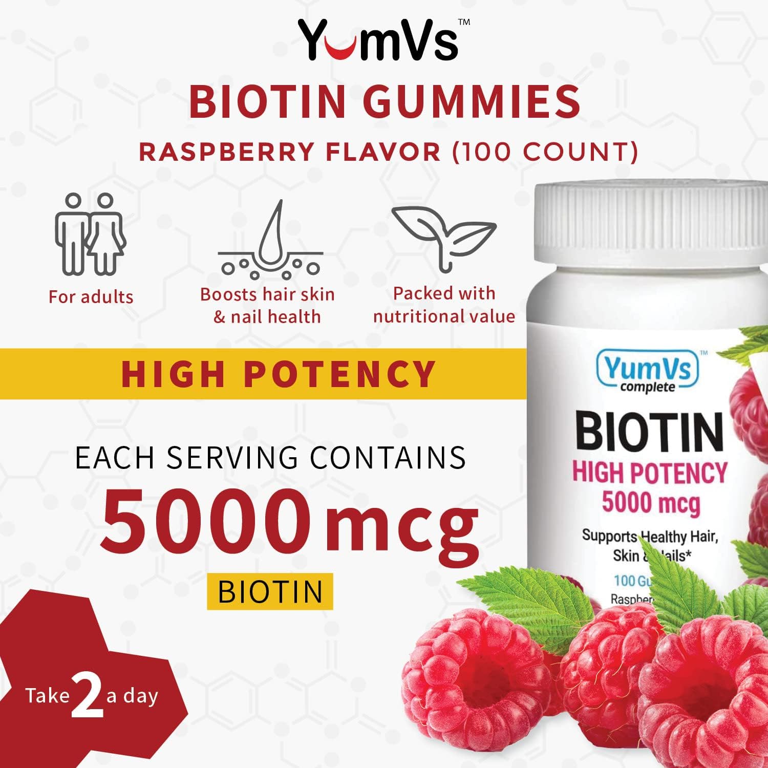 YUM-V's Biotin Gummies 5000 mcg – Gominolas de Biotina Sabor Frambuesa – 100 unidades