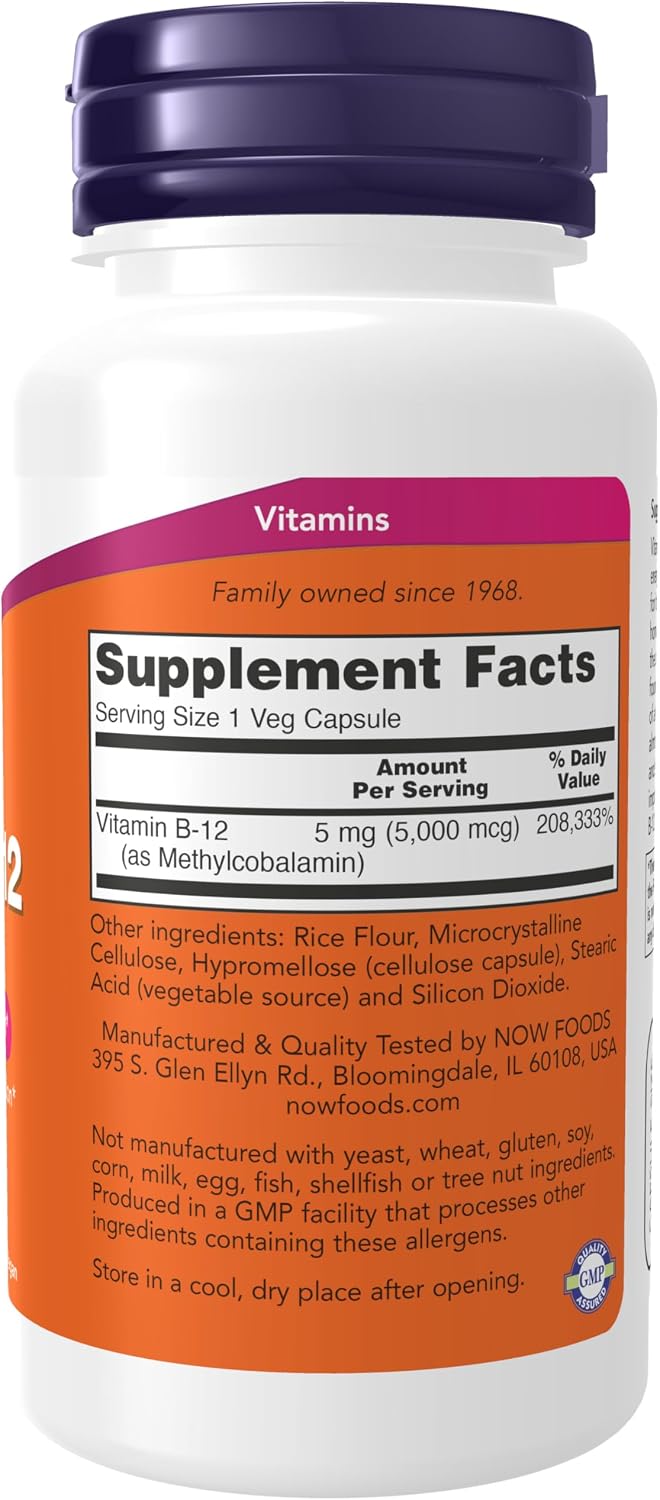 NOW Foods Methyl B-12 5000mcg Metilcobalamina, 90 Cápsulas Vegetales