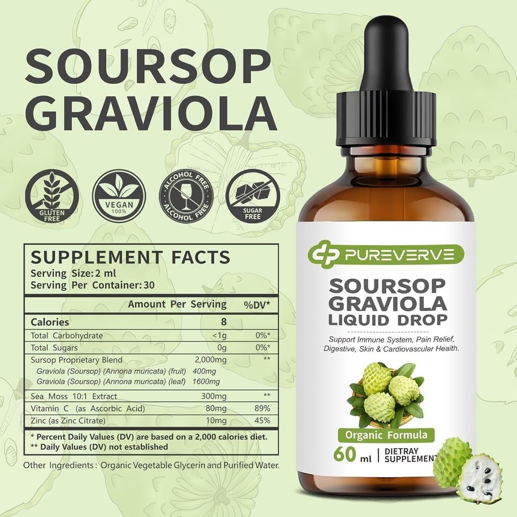 Soursop Graviola Gotas Líquidas de Pureverve, Apoyo Celular e Inmunidad, 2 Pack de 118 ml