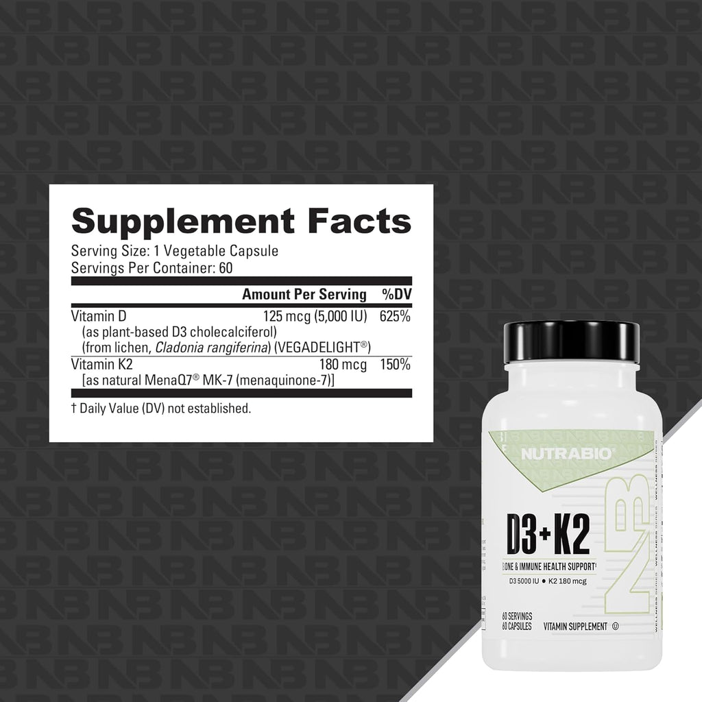 NutraBio Vitamina D3 K2 5000 UI D3 con 180 mcg K2 MK-7