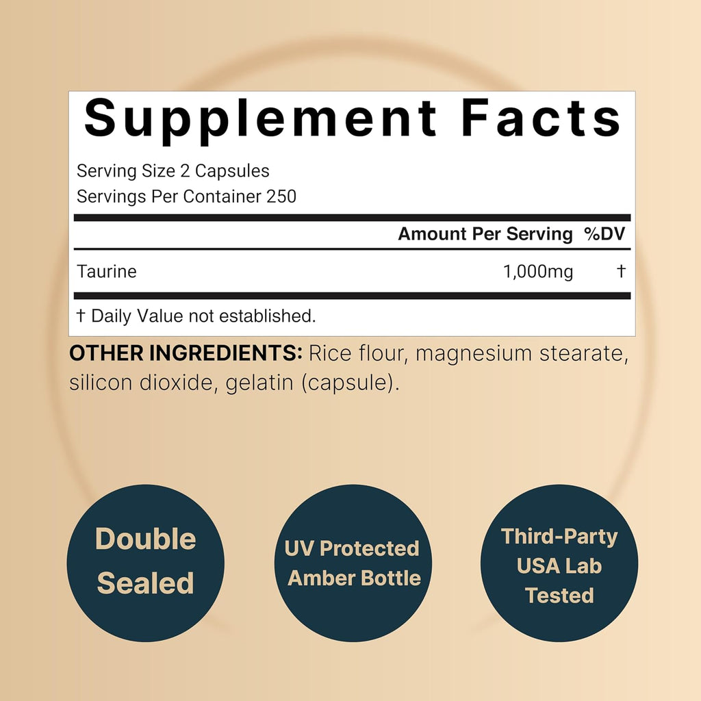 NatureBell Taurina 1.000mg por Dosis, 500 Cápsulas | Suplemento de Aminoácidos Esenciales